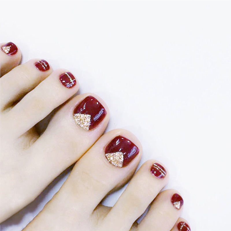 Glamorous Sunset Glossy Short Square Burgundy Press On Toenail Set with Dazzling Glitter Accent