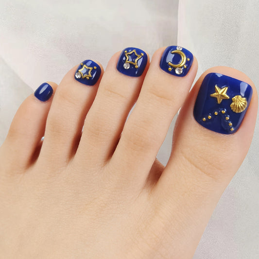 Celestial Night Sky Short Square Blue Press On Toenail Set Featuring Star and Moon Designs