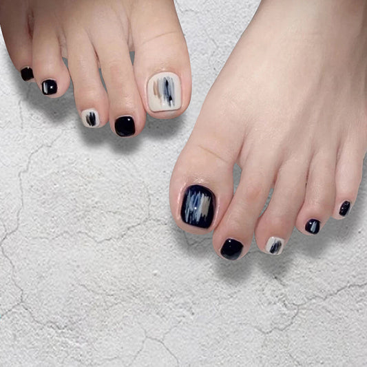 Artistic Night Sky Press On Nail Set Short Square Black and Cream with Brush Stroke Design