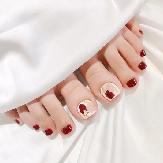 Romantic Enchantment Short Square Burgundy and Cream Press On Nail Set with Gold Leaf Accents