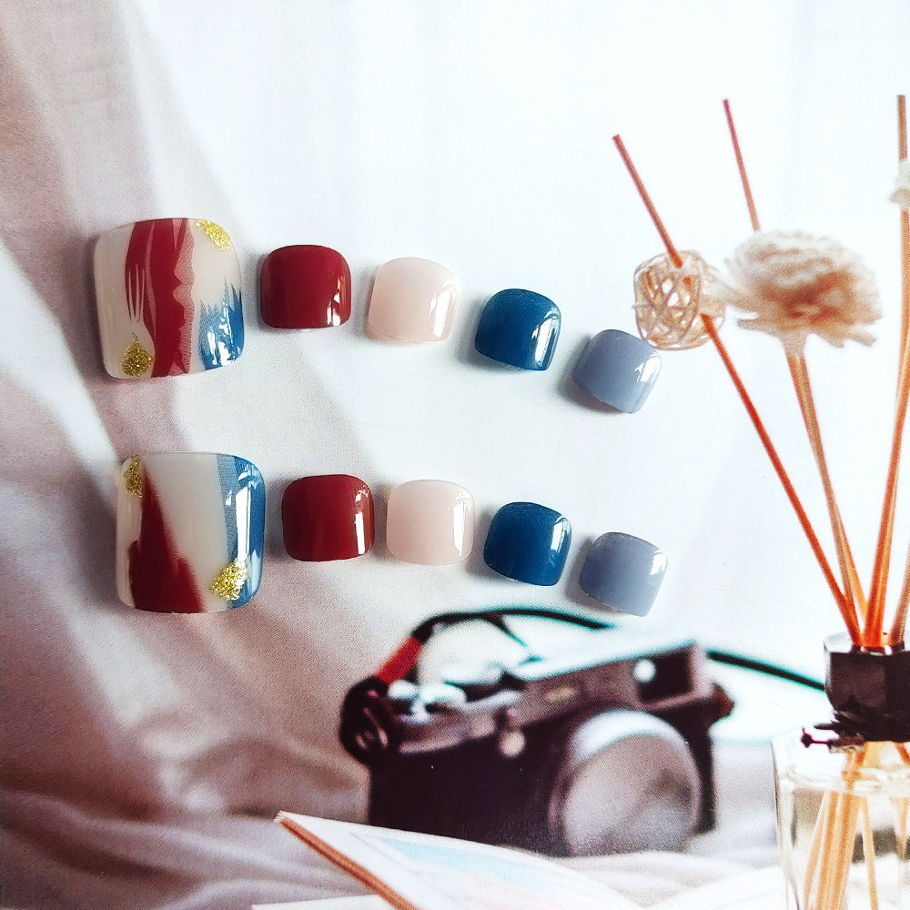 Artistic Elegance Short Square Blue and Red Marble Design Press On Toenail Set