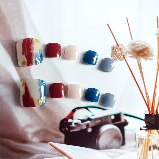 Artistic Elegance Short Square Blue and Red Marble Design Press On Toenail Set