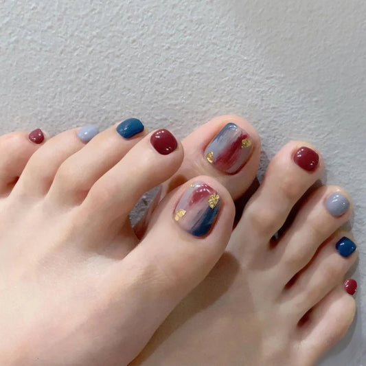Elegant Autumn Vibes Short Square Multicolor with Gold Leaf Detail Press On Toenail Set