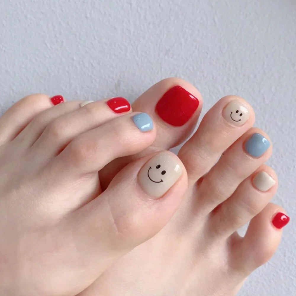 Happy Vibes Press On Nails Set Short Square Red Blue and Beige with Smiley Face Design
