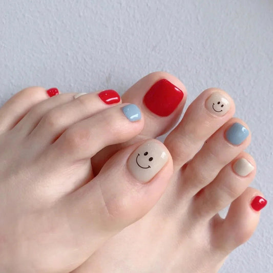 Happy Vibes Press On Nails Set Short Square Red Blue and Beige with Smiley Face Design
