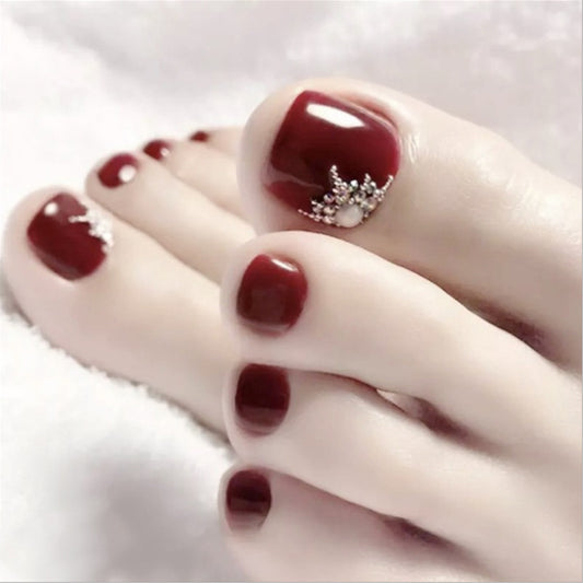 Royal Elegance Glossy Short Square Burgundy Press On Toenail Set with Dazzling Embellishments