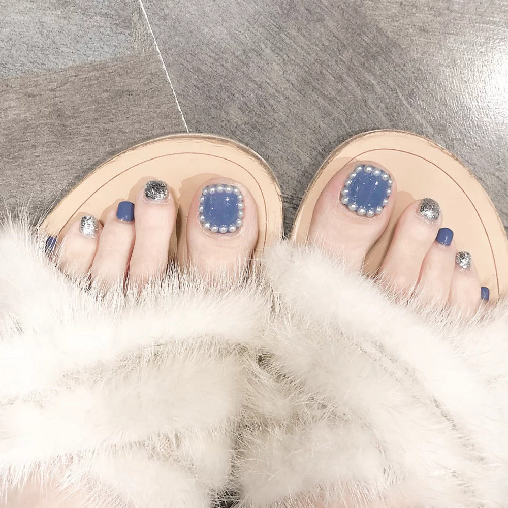 Ocean Breeze Square Glossy Blue Press On Short Nail Set Featuring Pearlescent Accents and Glitter Tip Design