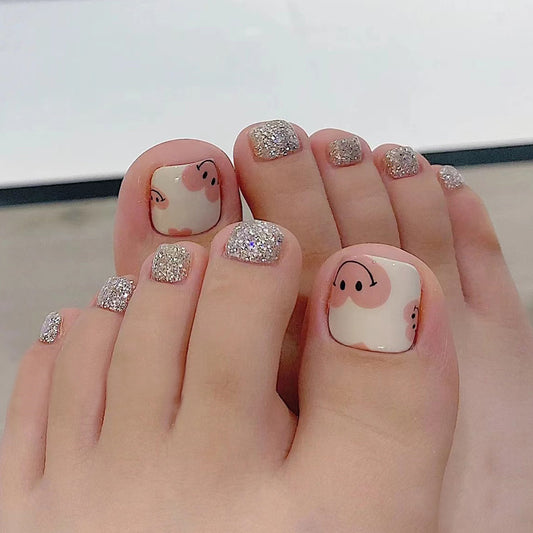 Charming Farmyard Fantasy Short Square Glittery Pink and White Press-On Toenail Set