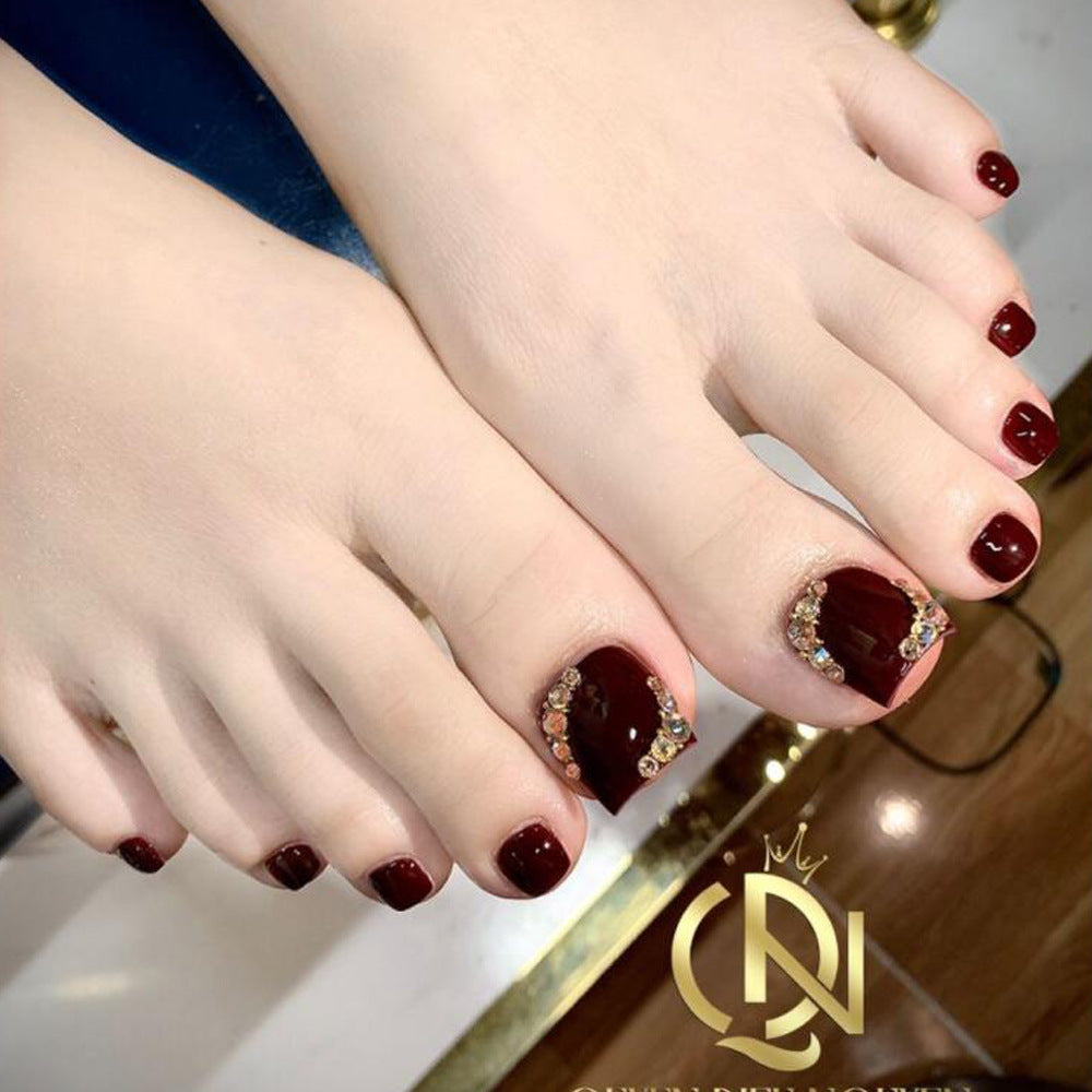 Glamorous Elegance Burgundy Short Square Press-On Toenail Set with Dazzling Rhinestone Accents