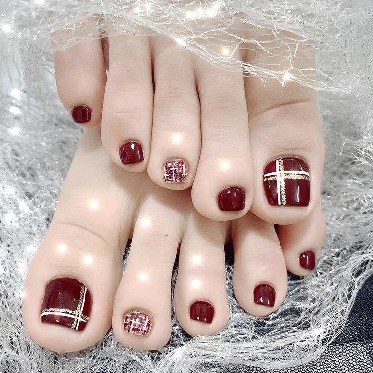 Elegant Holiday Charm Short Square Burgundy Press On Nail Set with Glittering Gold Accents