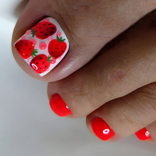 Berry Blissful Vibes Short Square Red Toenail Set with Playful Strawberry Accents