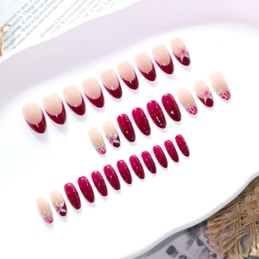 Blossom Dream Perfect Medium Almond Shaped Burgundy and Blush Gradient Nails with Floral Accents