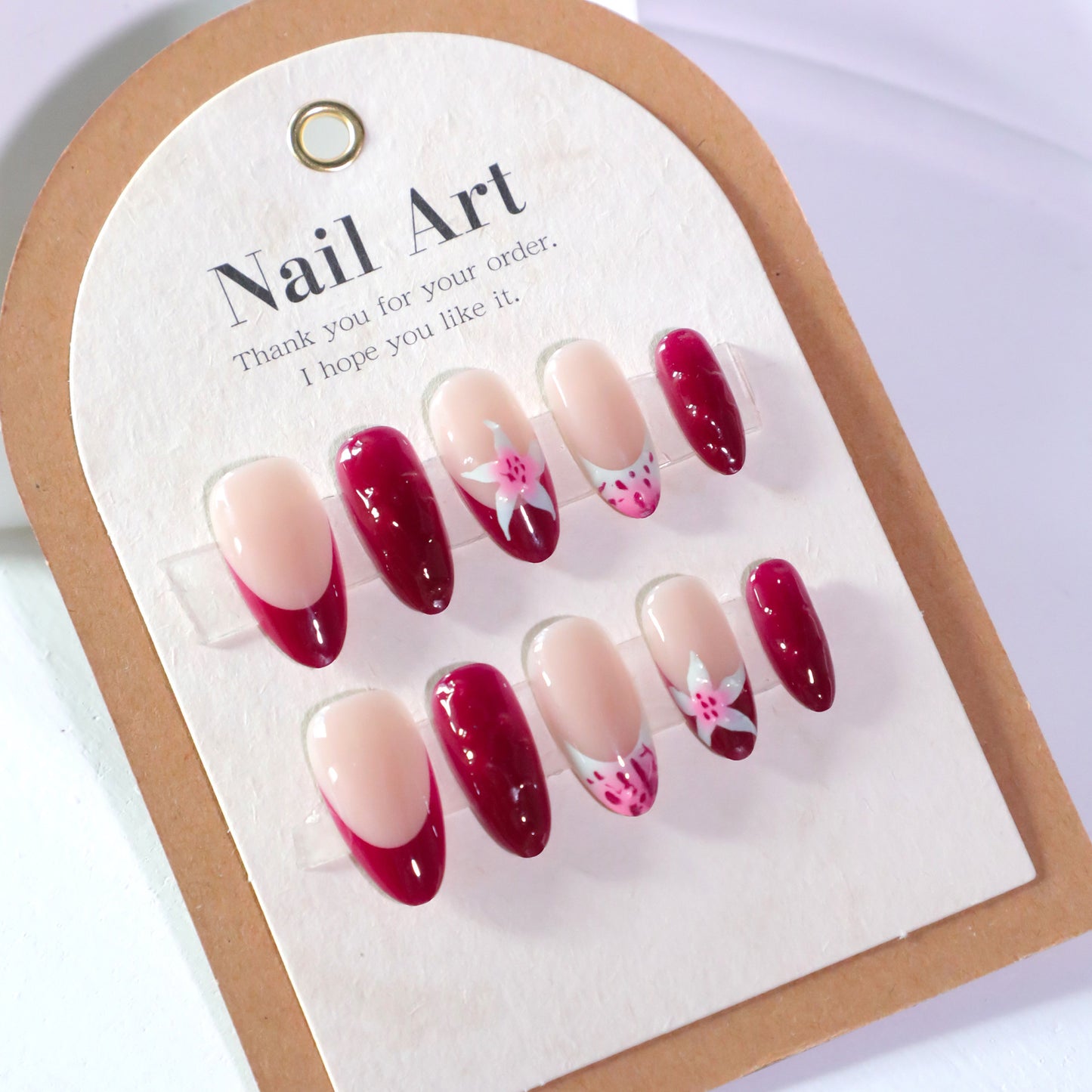 Cherry Blossom Elegance Long Almond Pink and Burgundy Gradient with Floral Accents Press-On Nail Set