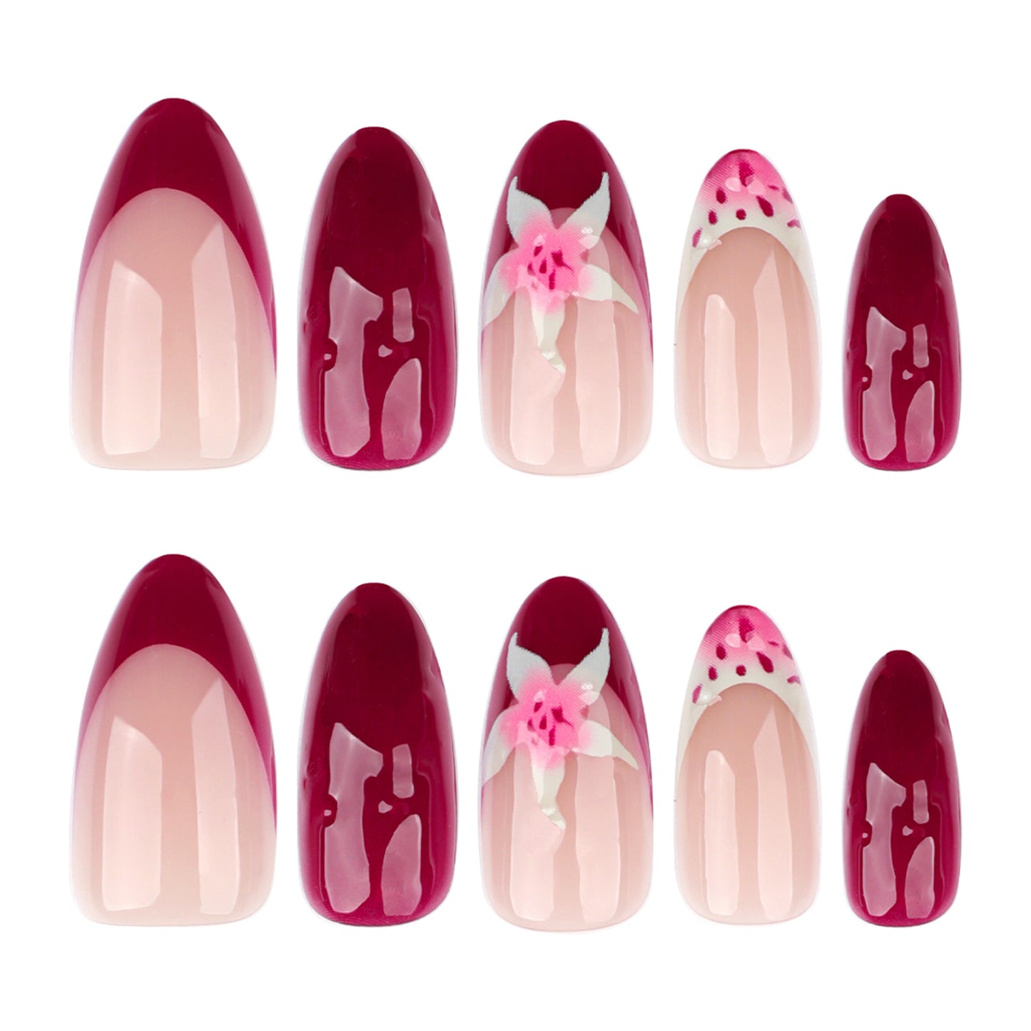 Charming Floral Delight Long Almond Burgundy with Elegant Floral Accents Press-On Nail Set