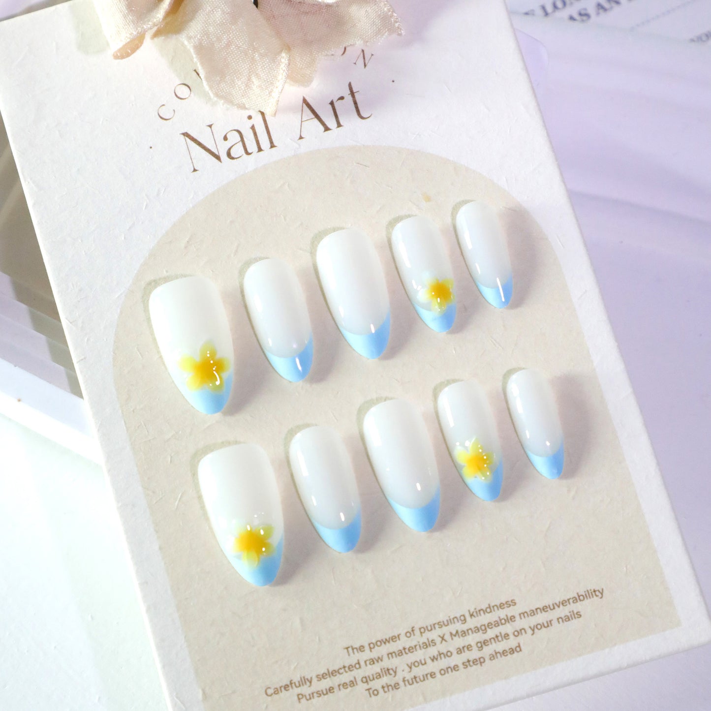 Sunny Bliss Medium Almond White with Blue Ombre and Floral Accent Press on Nail Set