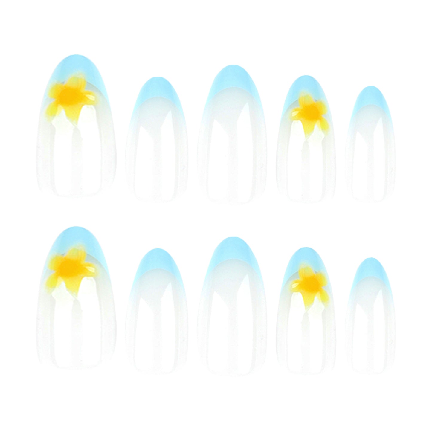 Blooming Sky Dream Medium Almond Blue Ombre Transparent with Floral Accent Press On Nail Set