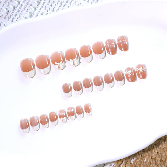 Tropical Paradise Elegant Medium Round Shaped Beige Press On Nail Set with Charming Bow Accents