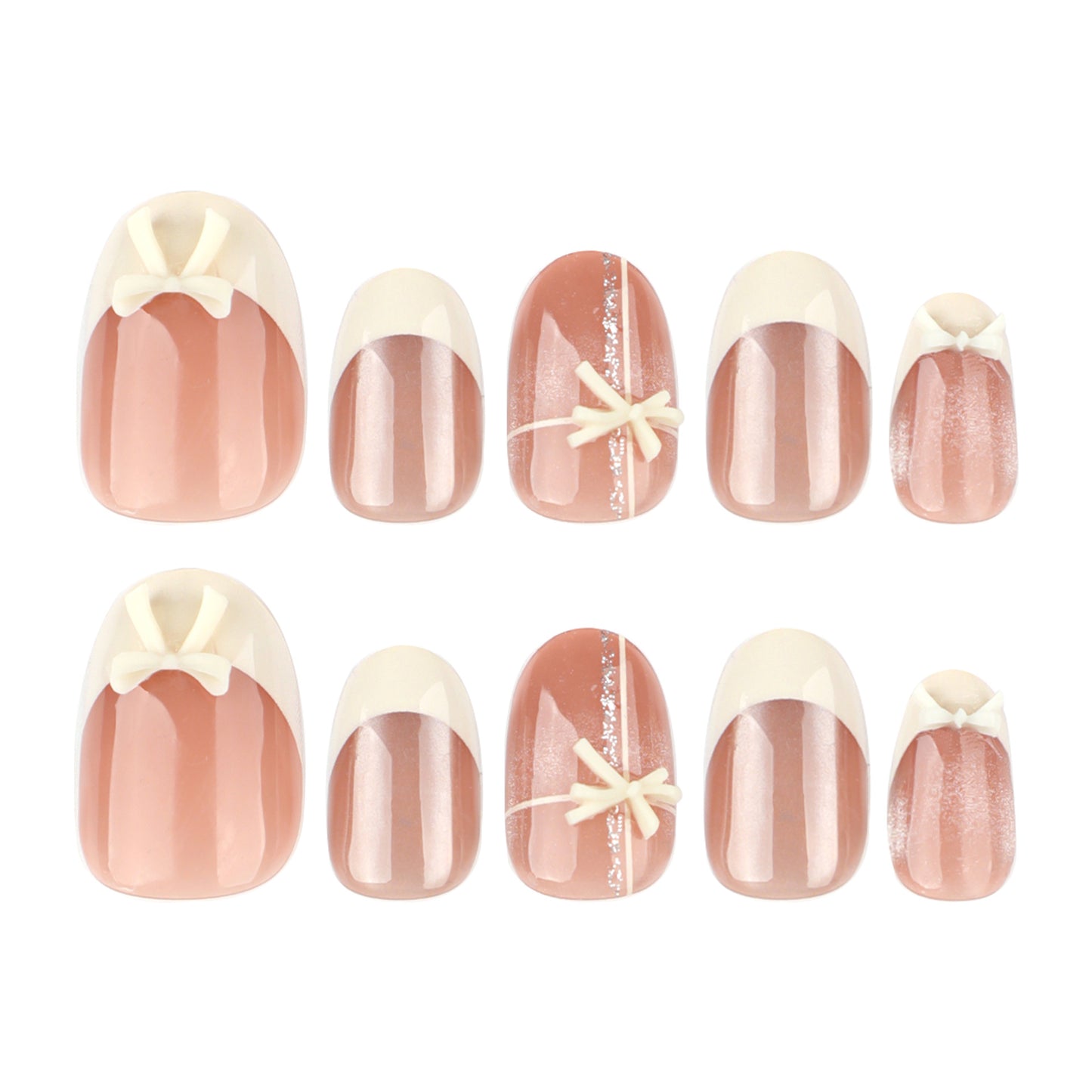 Chic Bow Knot Press On Nail Set Medium Round Shaped Blush Pink with Cute Bow Accents