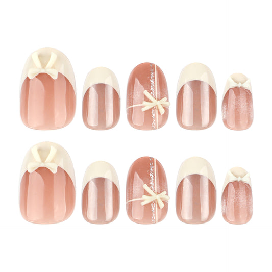 Chic Bow Knot Press On Nail Set Medium Round Shaped Blush Pink with Cute Bow Accents