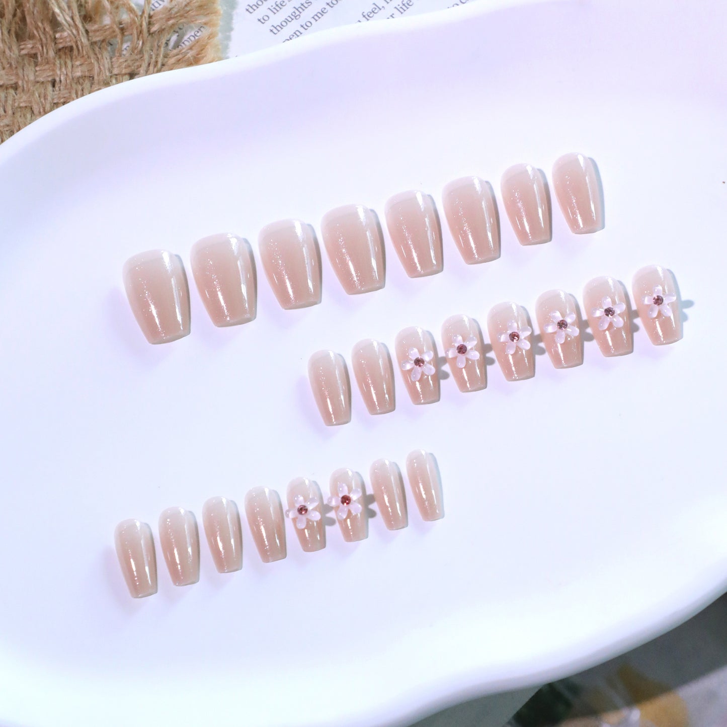 Whimsical Elegance Medium Square Beige Press On Nail Set with Charming Floral Accents