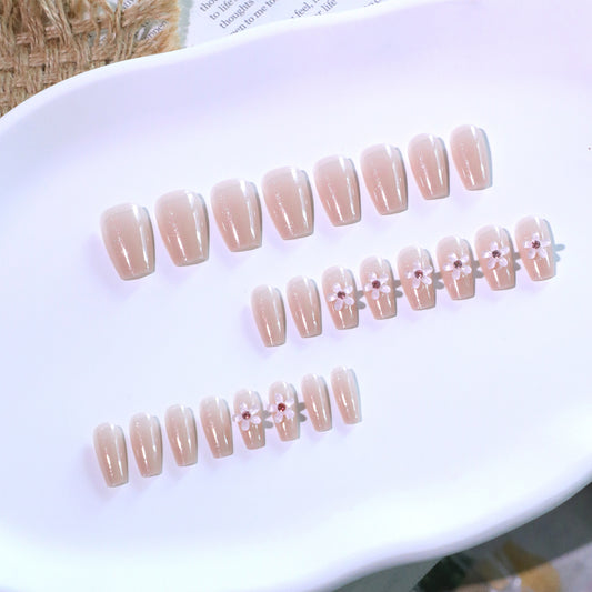 Whimsical Elegance Medium Square Beige Press On Nail Set with Charming Floral Accents