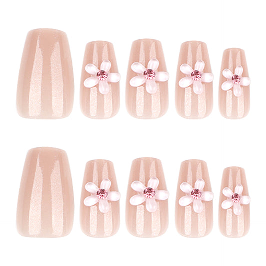 Blossoming Elegance Short Square Beige Pink Floral Accent Press On Nail Set