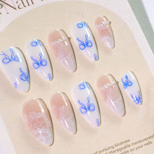 Enchanted Butterfly Long Almond Clear Blue Floral Design Press-On Nail Set