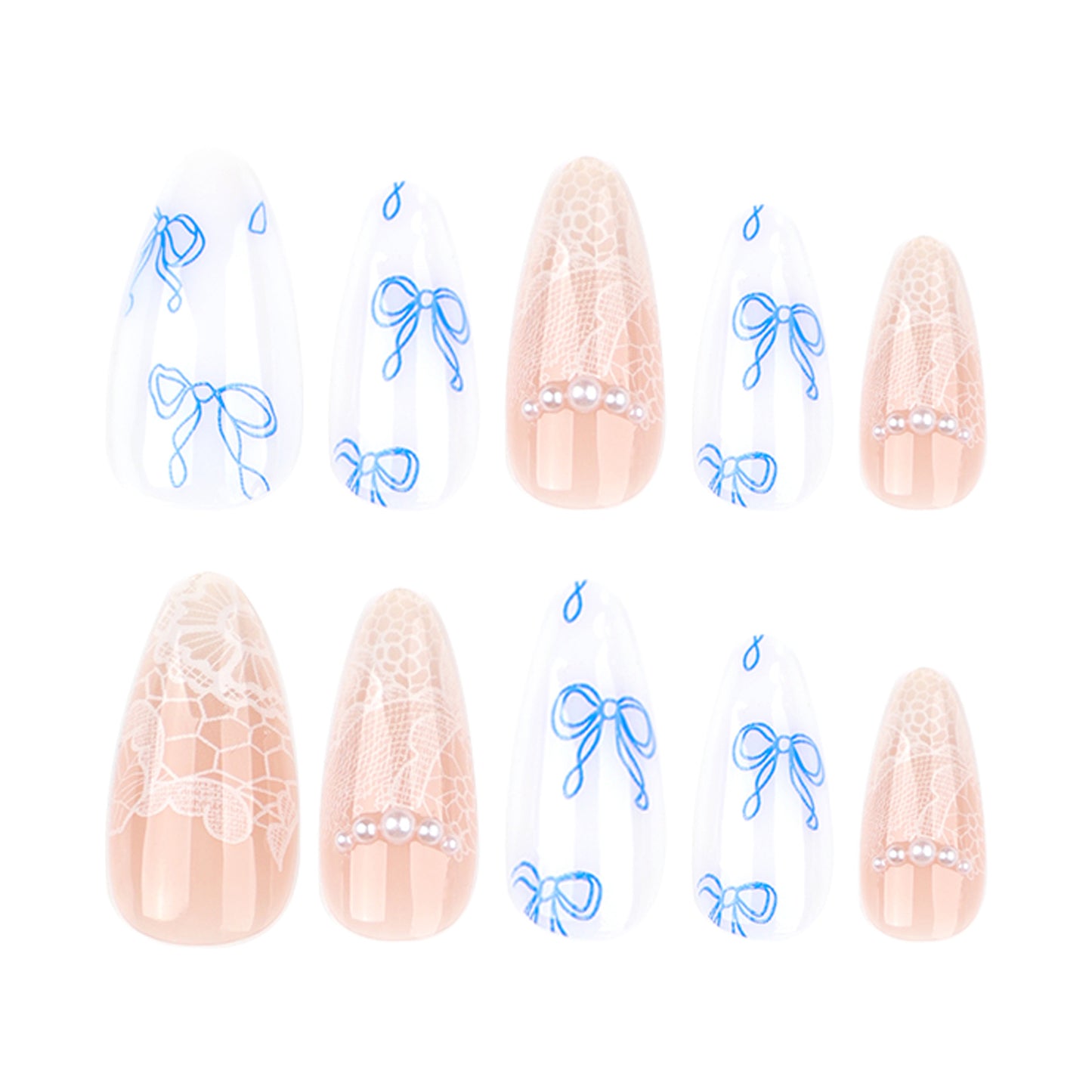 Whimsical Blue Bow Bliss Elegant Medium Almond Shape Transparent and Soft Beige with Lace and Pearl Accents Press-On Nail Set