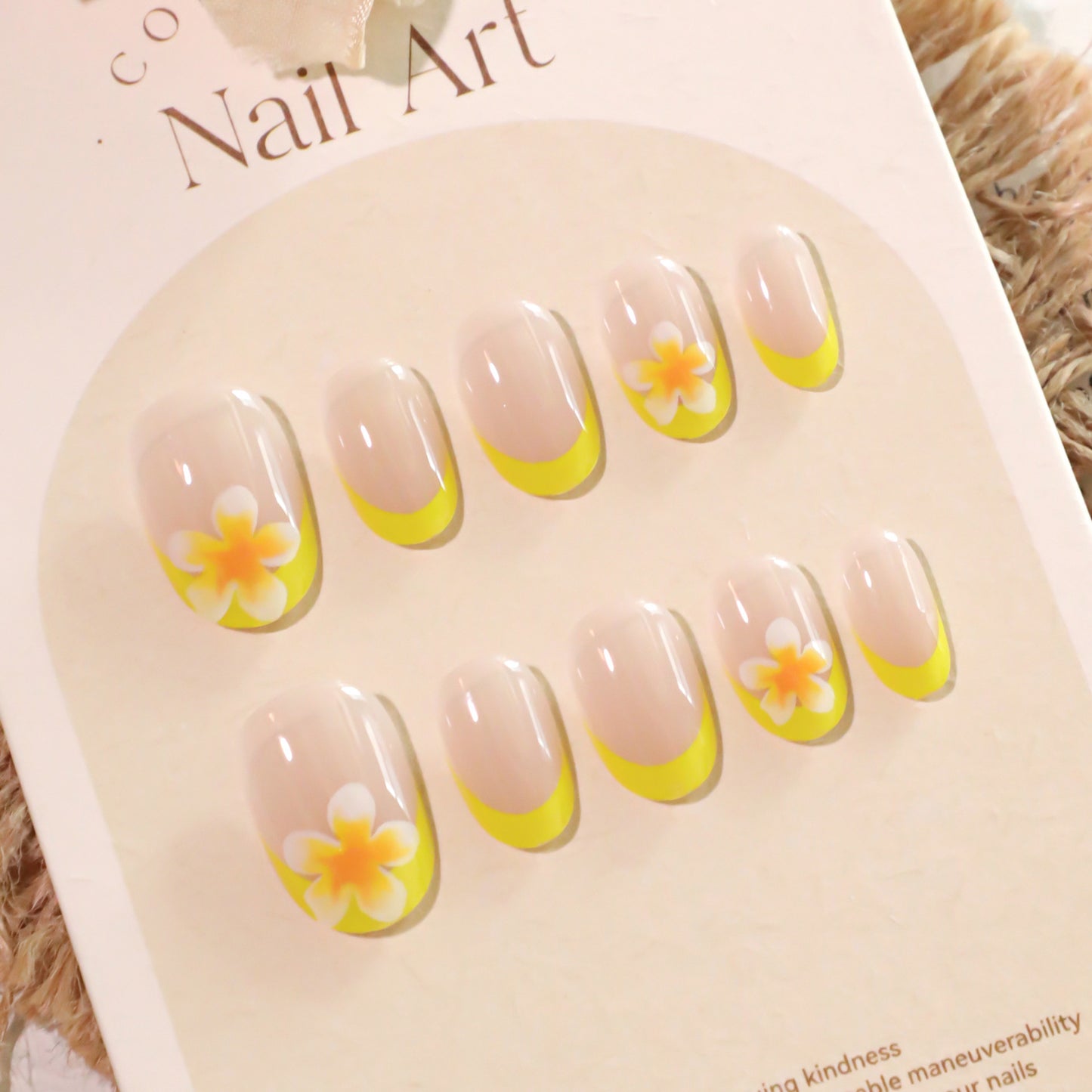 Tropical Vibes Short Oval Beige and Yellow Press On Nail Set with Floral Accents