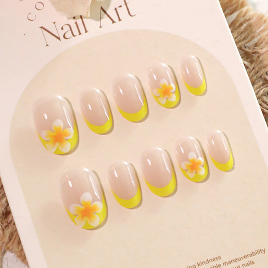 Tropical Vibes Short Oval Beige and Yellow Press On Nail Set with Floral Accents