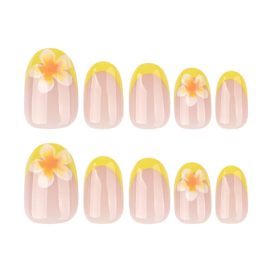 Tropical Paradise Short Round Shaped Glossy Transparent Pink Press On Nail Set with Vibrant Yellow Tips and Floral Accents