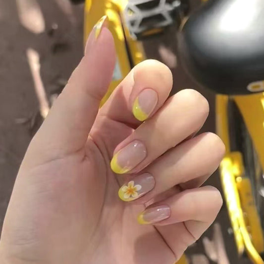 Sunny Floral Charm Short Oval Yellow French Tip Press On Nail Set with Flower Detail