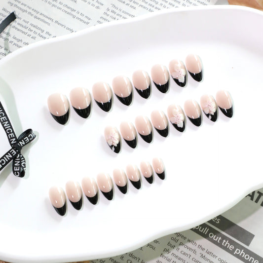 Elegant Noir Dream Medium Almond Shaped Pink and Black Press On Nail Set with Floral Accent