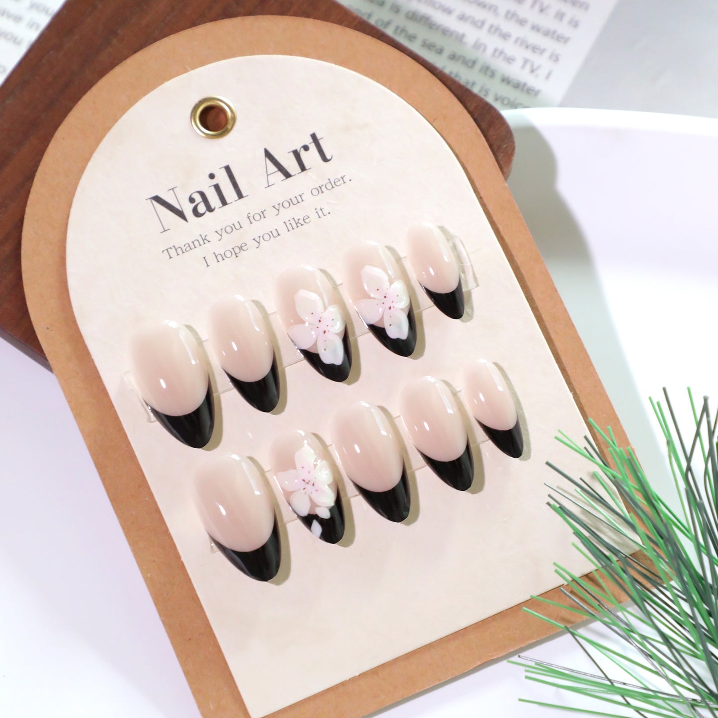 Blossom Dream Medium Beige Almond Black Tip Nail Set with Floral Accents