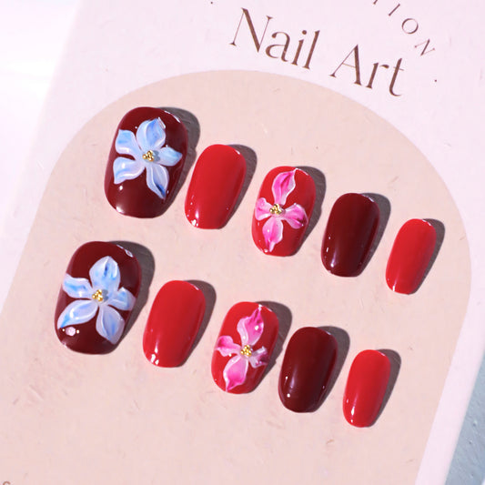 Floral Elegance Medium Squoval Red and Pink Floral Design Press On Nail Set