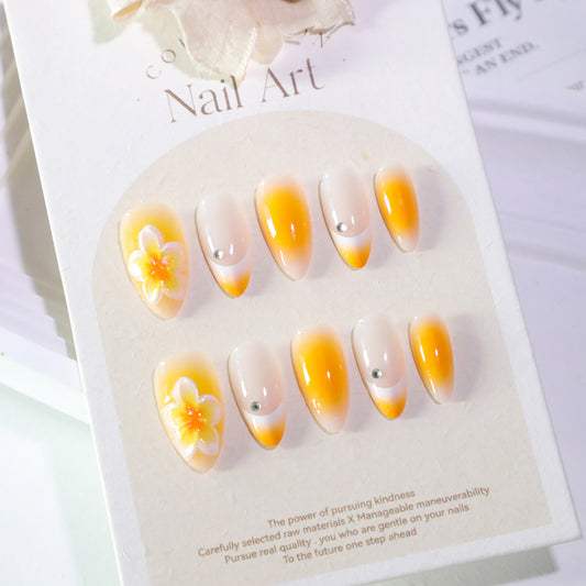Tropical Blossom Long Almond Orange and White Gradient Press On Nail Set with Floral Accent and Gem Detail