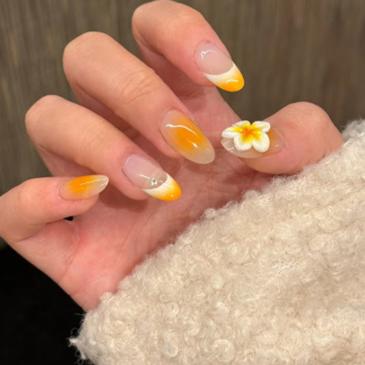 Tropical Sunrise Medium Almond Orange Ombre with Floral Accent Press On Nail Set