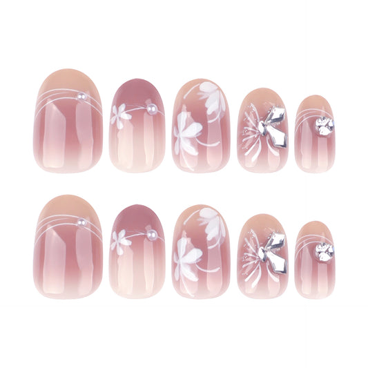 Blossom Elegance Short Round Press On Nails in Soft Pink with Floral Artistry and Stunning Pearl Accents