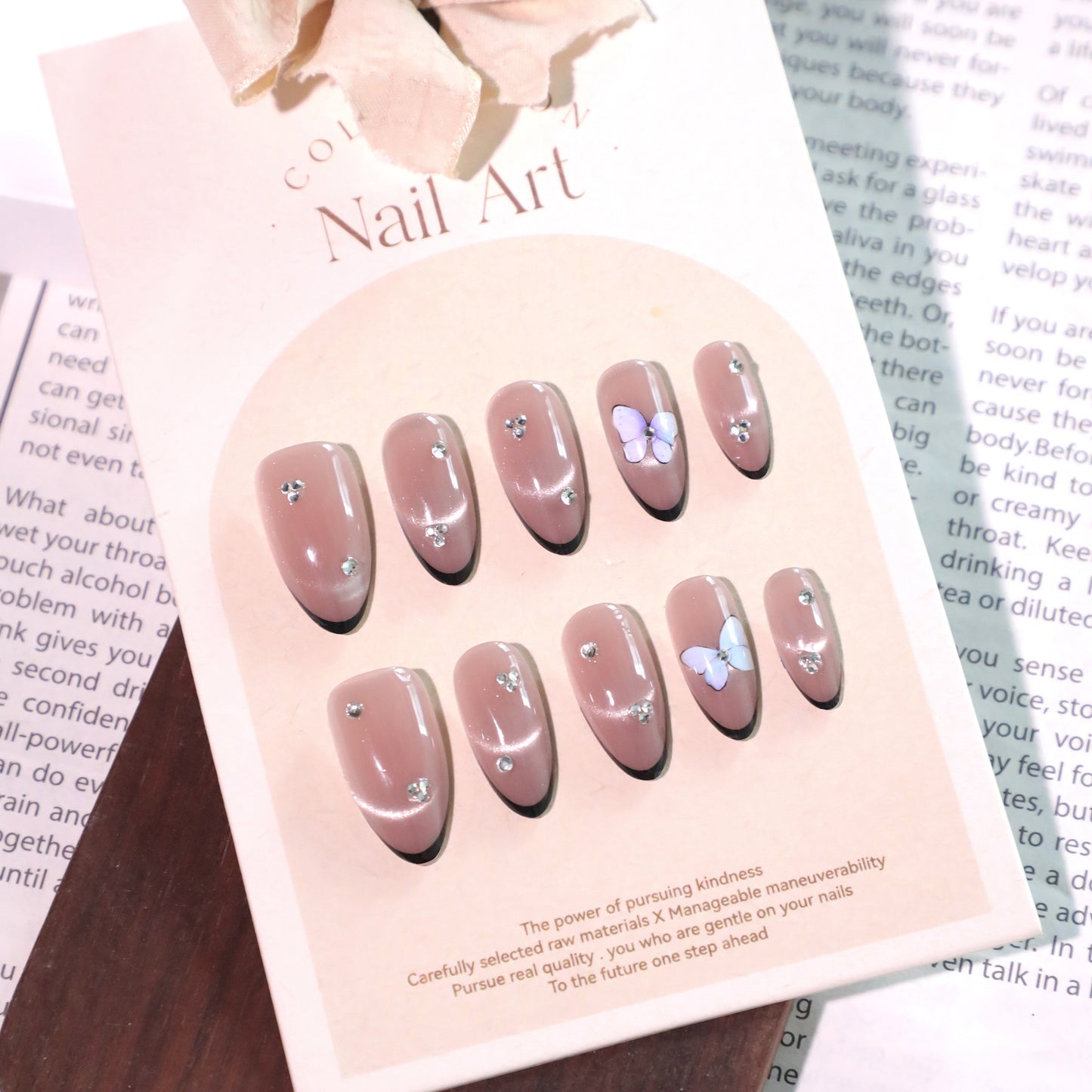 Charming Butterfly Dreams Medium Almond Beige Press On Nail Set with Sparkling Gems and Floral Accents