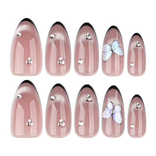 Botanical Bliss Medium Almond Pink Press on Nail Set with Floral Accents and Sparkling Embellishments
