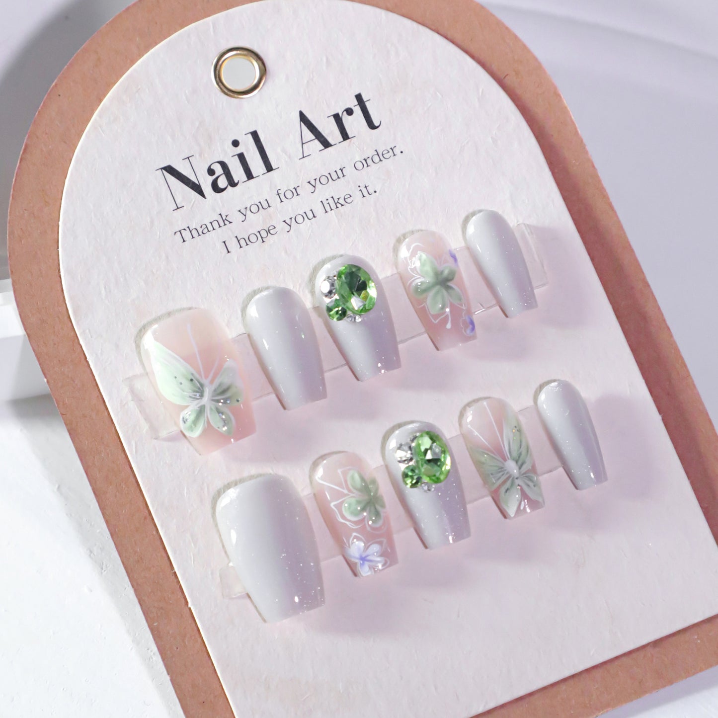 Garden Glow Elegant Medium Coffin Light Pink and Silver Press On Nail Set with Floral and Gemstone Accents