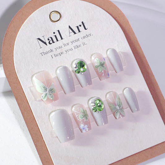 Garden Glow Elegant Medium Coffin Light Pink and Silver Press On Nail Set with Floral and Gemstone Accents