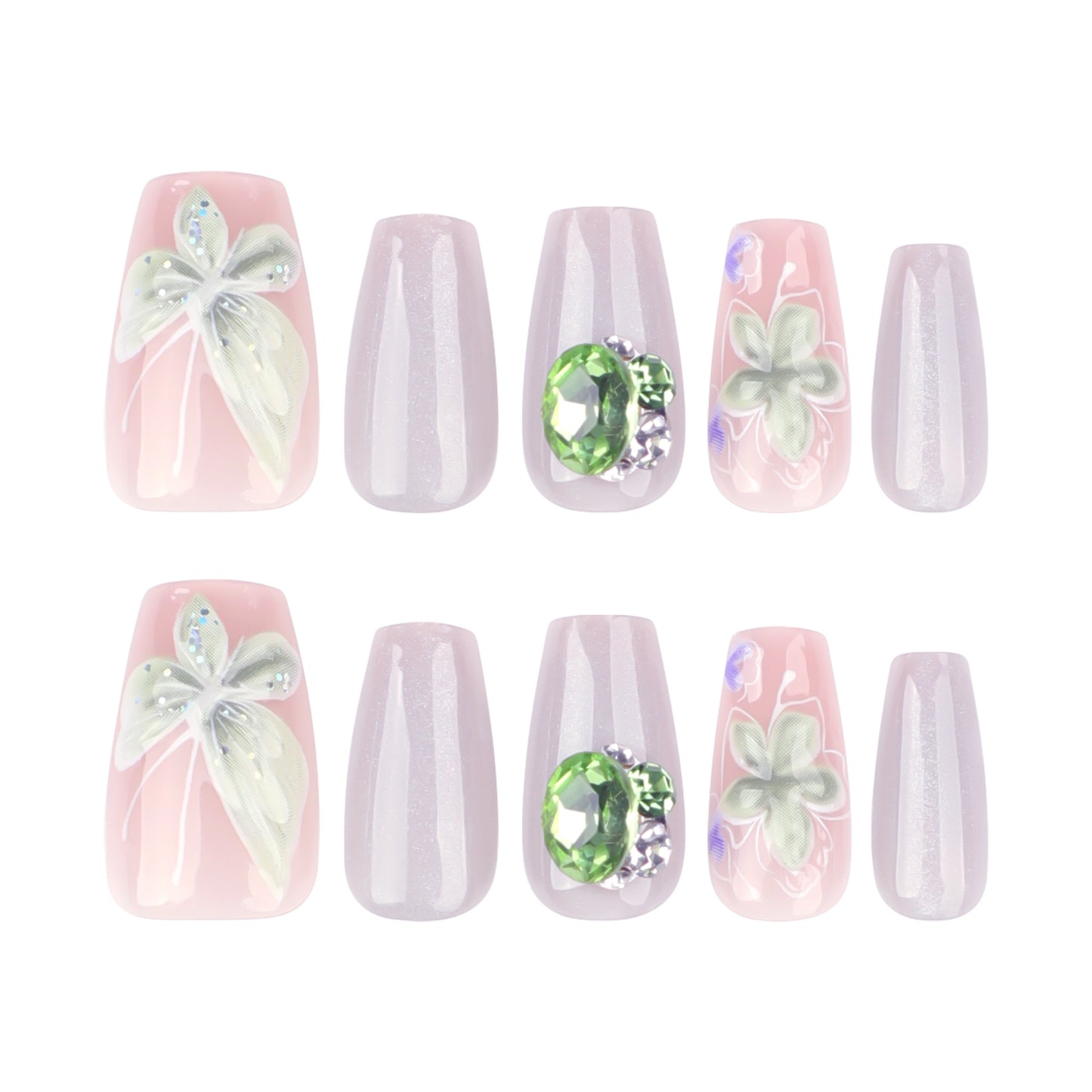 Garden Party Elegant Medium Coffin Pink and Lavender Press-On Nail Set with Floral Designs and Sparkling Gemstones