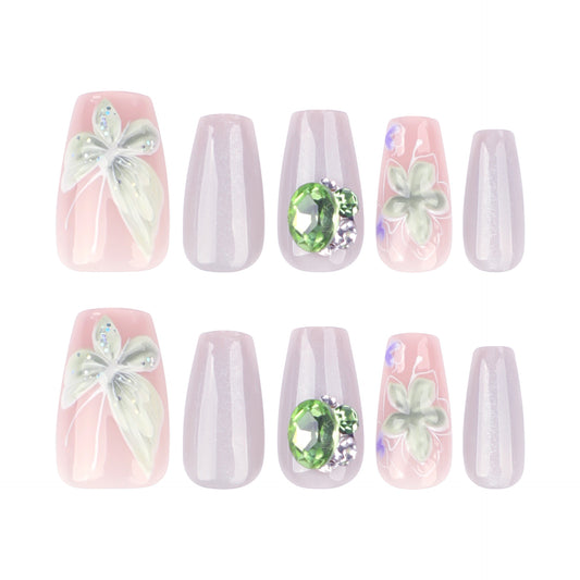 Garden Party Elegant Medium Coffin Pink and Lavender Press-On Nail Set with Floral Designs and Sparkling Gemstones