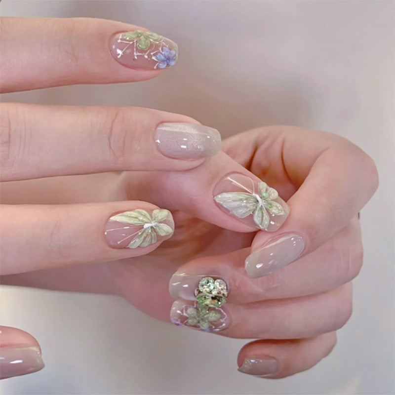 Whimsical Garden Elegance Medium Coffin Transparent with Floral Accents Press On Nail Set