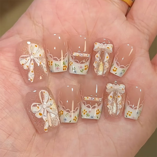 Delicate Floral Dream Press On Nail Set in Short Square Shape Beige Color with Elegant Bow Details