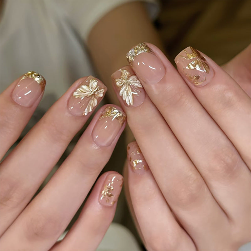Elegant Blossom Dreamy Short Square Shaped Soft Pink Nails with Gold Floral Accents