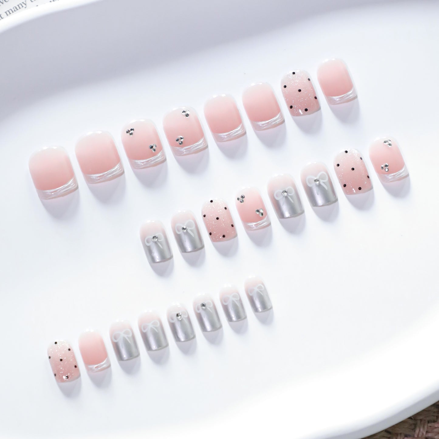 Charming Elegance Short Square Pink with Silver Accents and Playful Bow Design Press On Nail Set