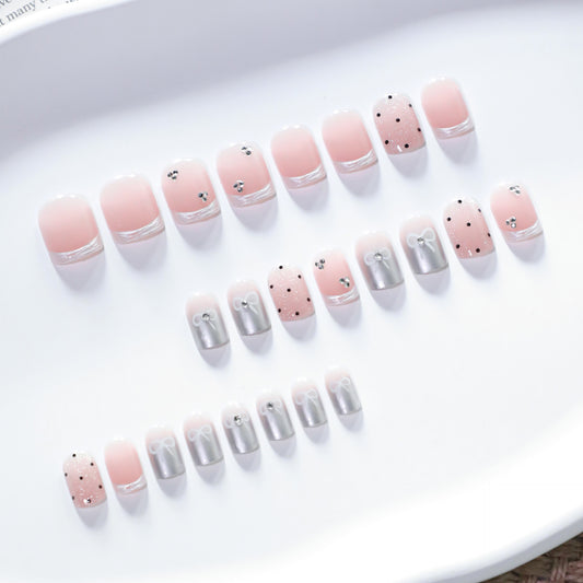Charming Elegance Short Square Pink with Silver Accents and Playful Bow Design Press On Nail Set