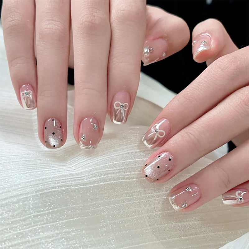Charming Elegance Short Square Transparent Nails with Dazzling Bow Accents